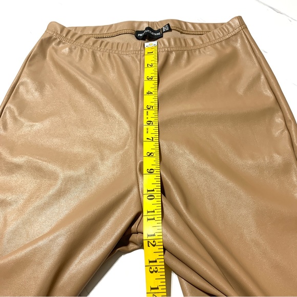 Pretty Little Thing Tan Faux Leather High Waist Pants Hemline Slits Sz 6 - Picture 9 of 12